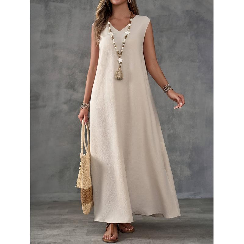 Women V Neck Sleeveless Side Split Maxi Dress Loose Fit Solid Color Casual Summer Beach Dress