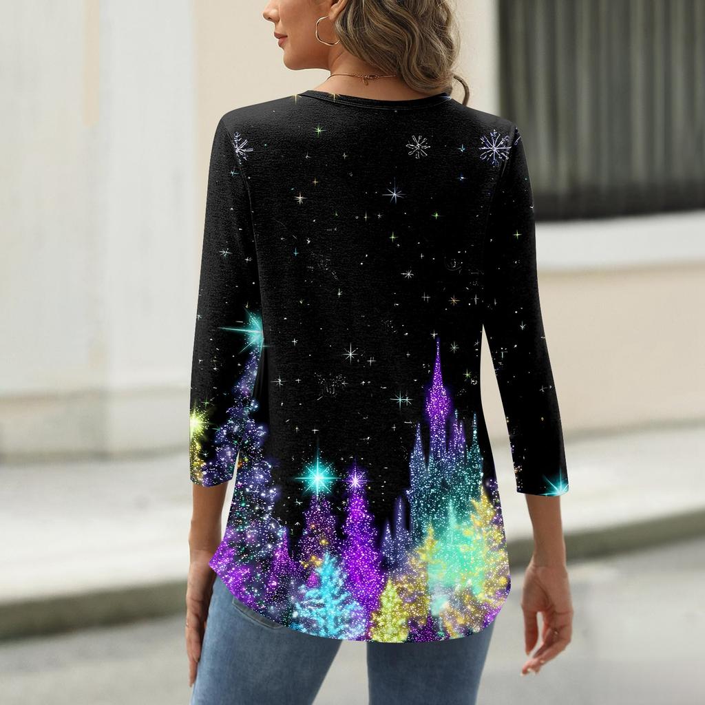 Women's T Shirt Christmas Print Button 3/4 Sleeve Daily Weekend Fashion Basic V- Neck Regular Top