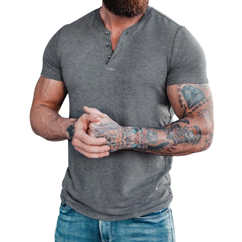 Herren Sommer Einfarbig Kurzarm Henley T-Shirt, Europäisch Amerikanisch Rundhals Pullover Knopf Lässig T-Shirt