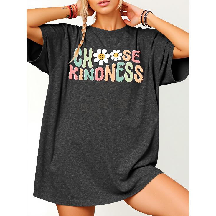 Macaron Daisy Choose Kindness Healing Text Print T Shirt| Yuanqi's soft and inspiring versatile loose-fitting round-neck top|Vintage distressed