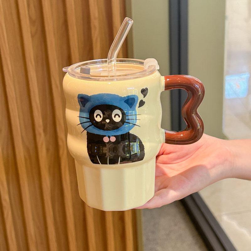 Retro kočičí brčko kelímek pro pár na pití keramický hrnek s víčkem dárek k narozeninám pro dívku suvenýr pro přítelkyni