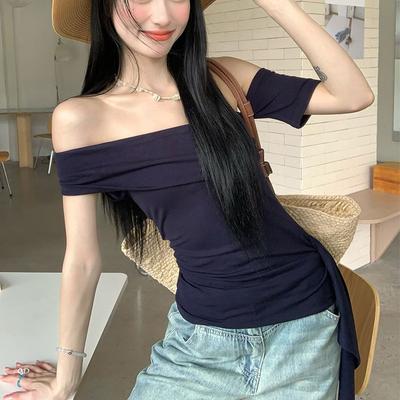 Summer Off Shoulder Skew Collar T Shirt Women’s Fashion Short-sleeve T-shirts Casual Slim Elastic Skinny Y2k Tops Women Clothing