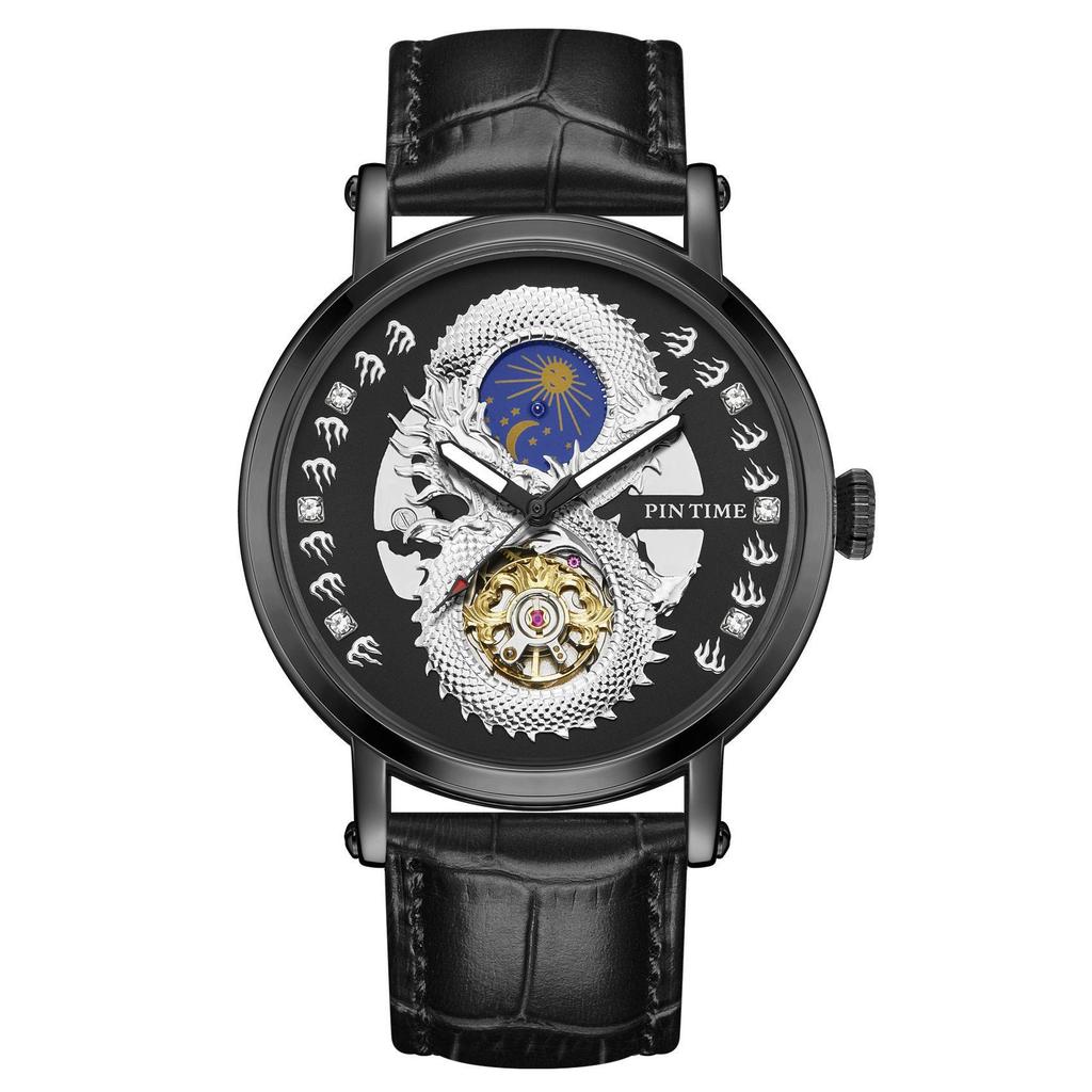 PINTIME Luxury Gold Stainless Watch Dragon Skeleton Mechanical Watch Men Moon Phase Tourbillon Wristwatch