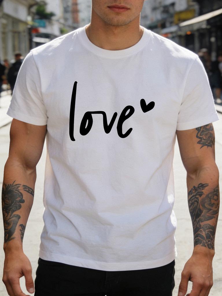 Unisex Black Crew Neck Tee Love Heart Letter Print Short Sleeve Loose Casual Summer Street Basic Top For Male Everyday Wear Outfit
