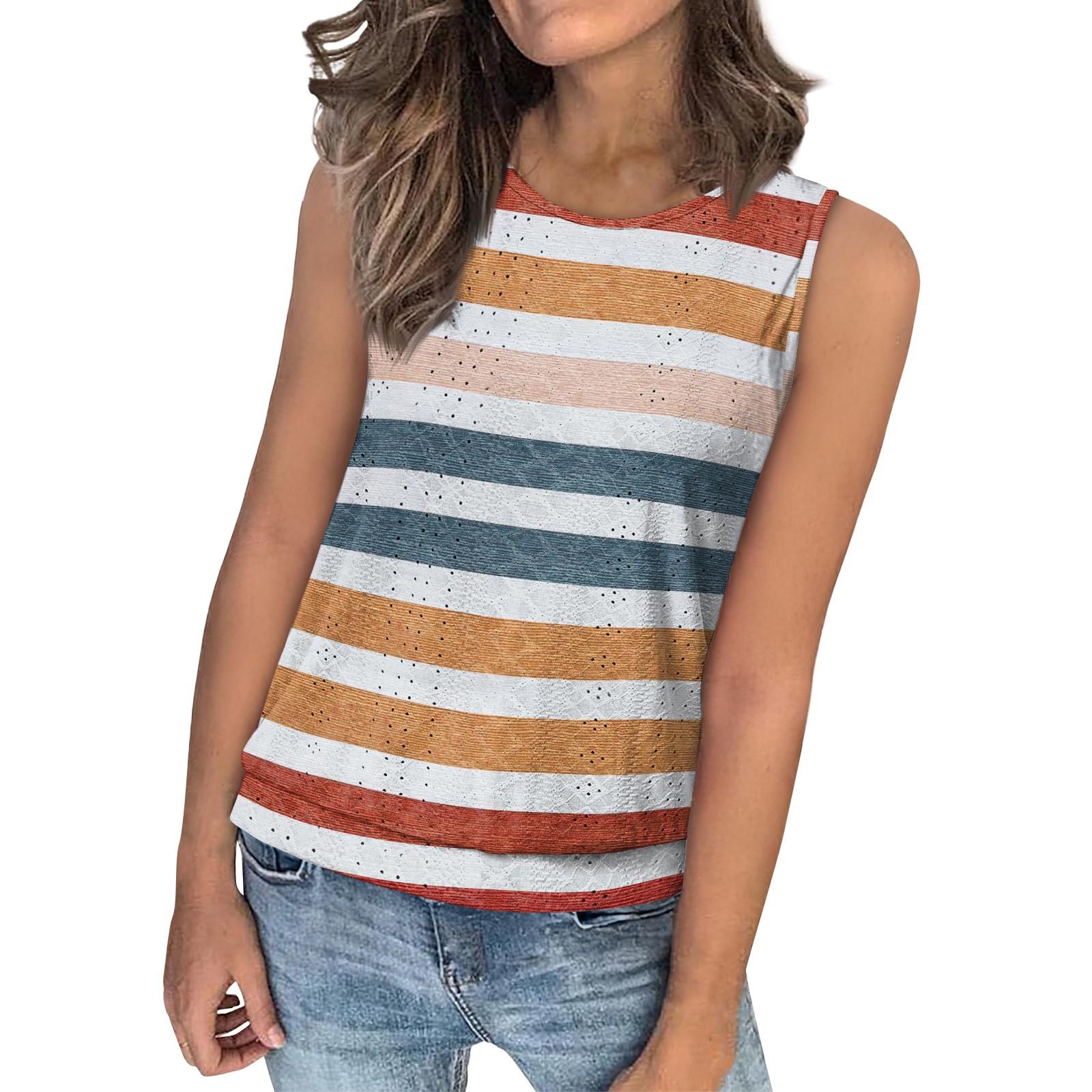 

Женский свободный модный повседневный полосатый принт с круглым вырезом без рукавов летний жилет S оранжевый