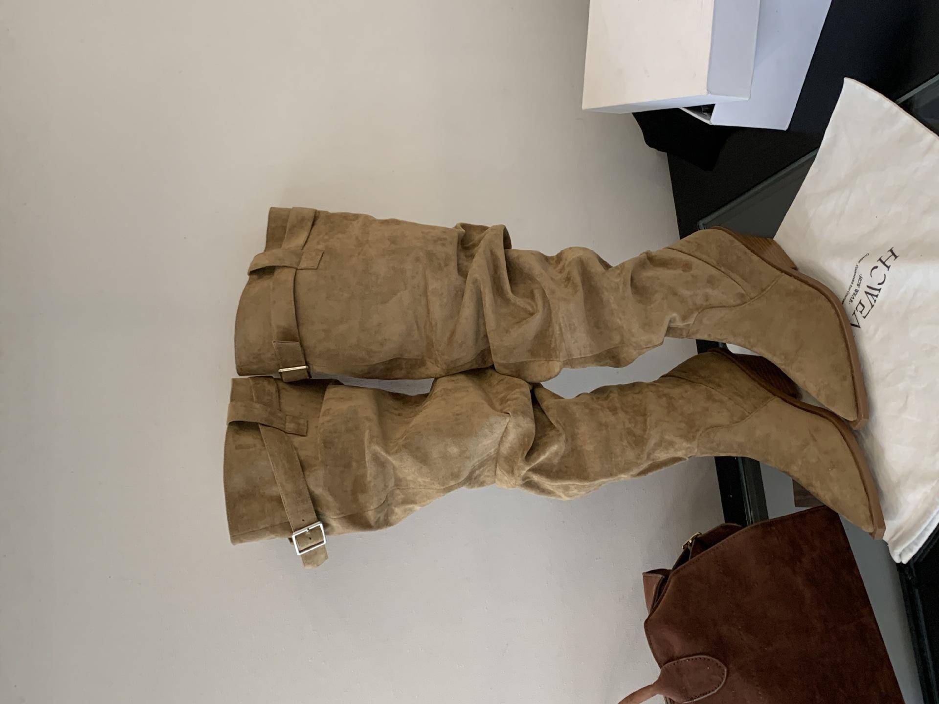 

Autumn and winter knee boots children 2025 Europe and the United States new thick heel pointed suede elastic thin boots leg over knee boots 39 абрикосовый