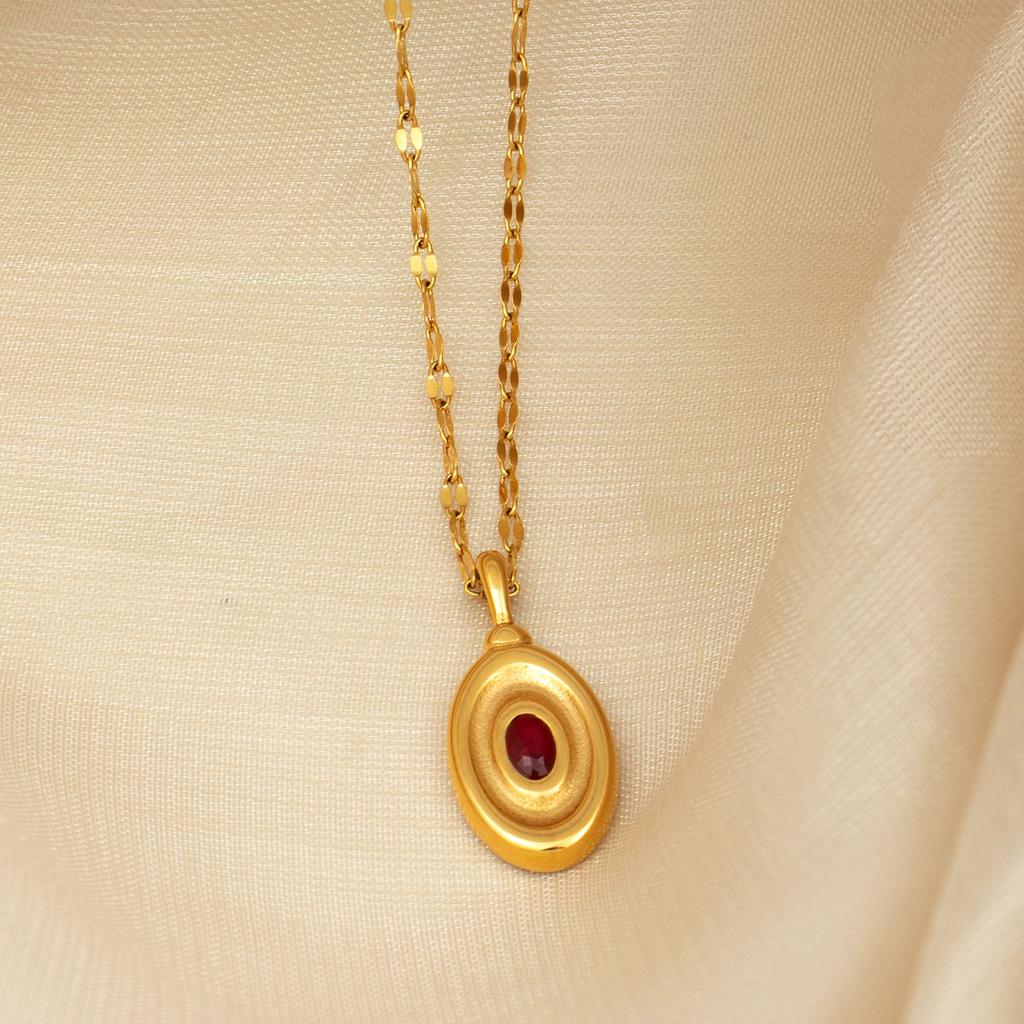 Jewelry Set 2025 Summer Designs Necklace Earrings 18k PVD Gold Plated Stainless Ruby Stone Fashion Oval Pendant Necklace
