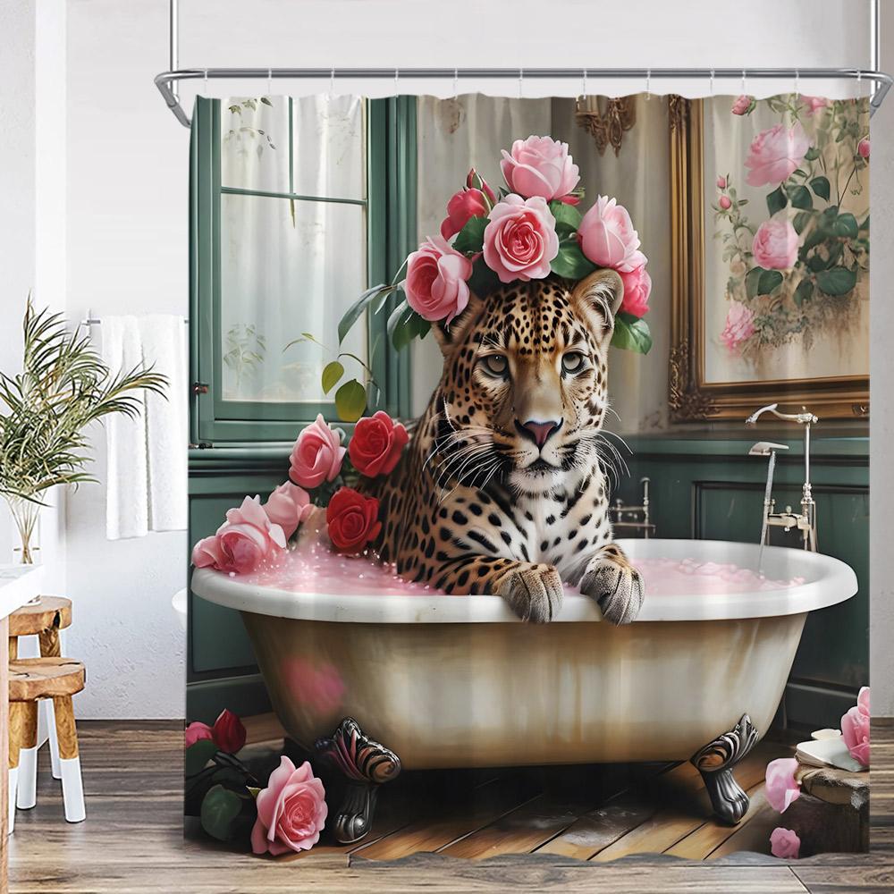 Leopard Floral Shower Curtain Bathing Wild Animal Print Green Leaf Flower Elegant Panther Bathroom Decor Modern Bath Curtain