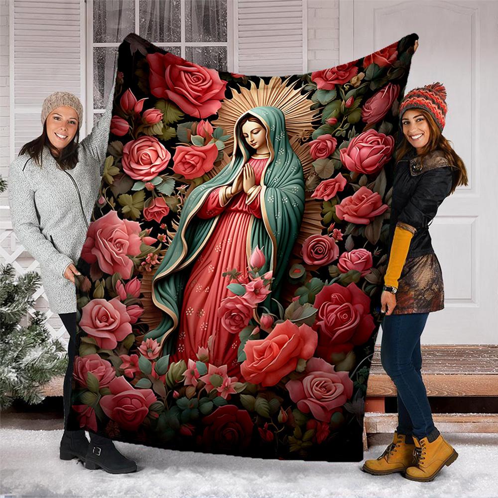 1pc Mary Floral Artwork Throw Blanket Polyester Fiber, Lightweight Flannel, Soft & Warm, All Season Use for Outdoor, Camping Digital Print