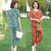 Ice silk cool feeling middle-aged and elderly mother nine-point wide-leg pants thin sports suit summer women's short sleeves