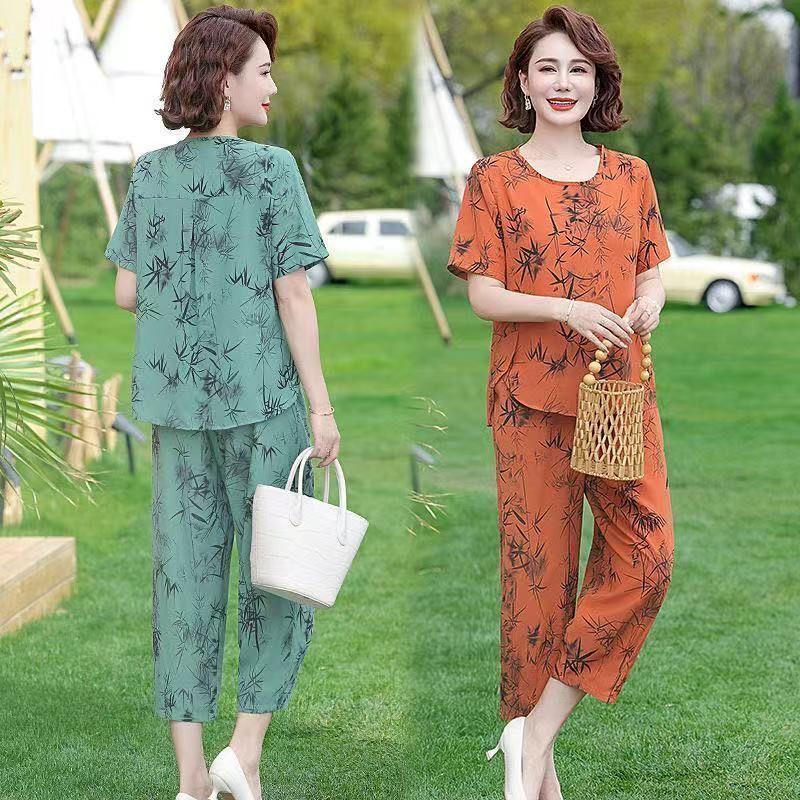 Ice silk cool feeling middle-aged and elderly mother nine-point wide-leg pants thin sports suit summer women's short sleeves