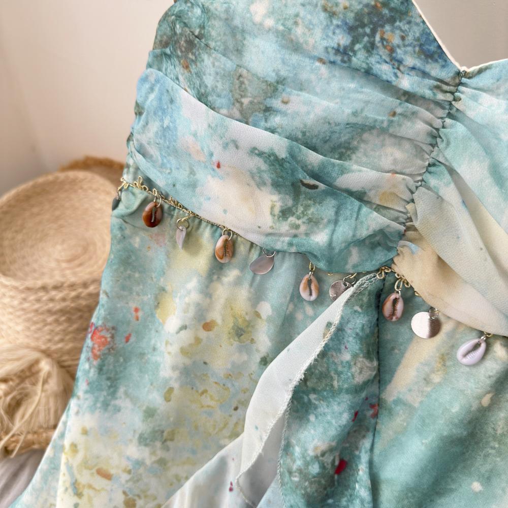 Folded summer suspender temperament dress women's summer printing thin gauze medium and long skirt suspender skirt new