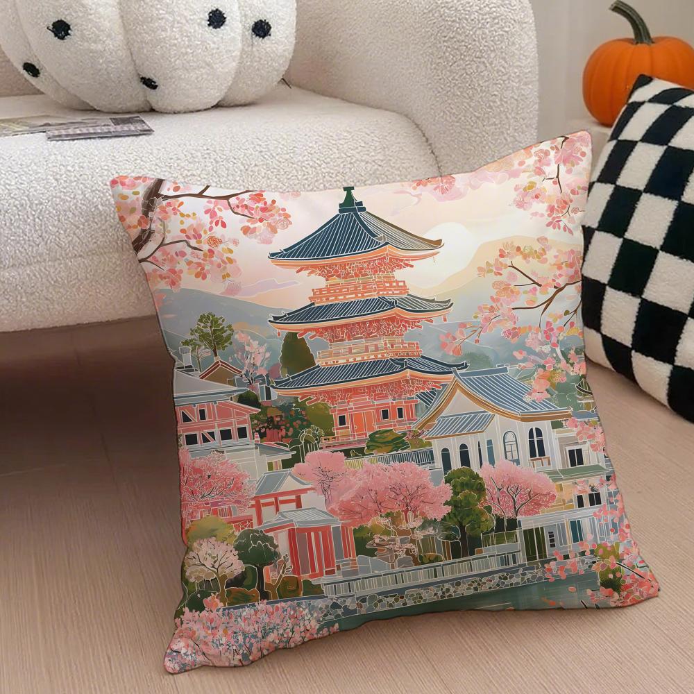 Cuscino Fiore di Ciliegio Ukiyo-E Federa per Cuscino Stile Giapponese Copricuscino per Divano Bottone Nascosto Poliestere Resistente Cuscino per Sedia