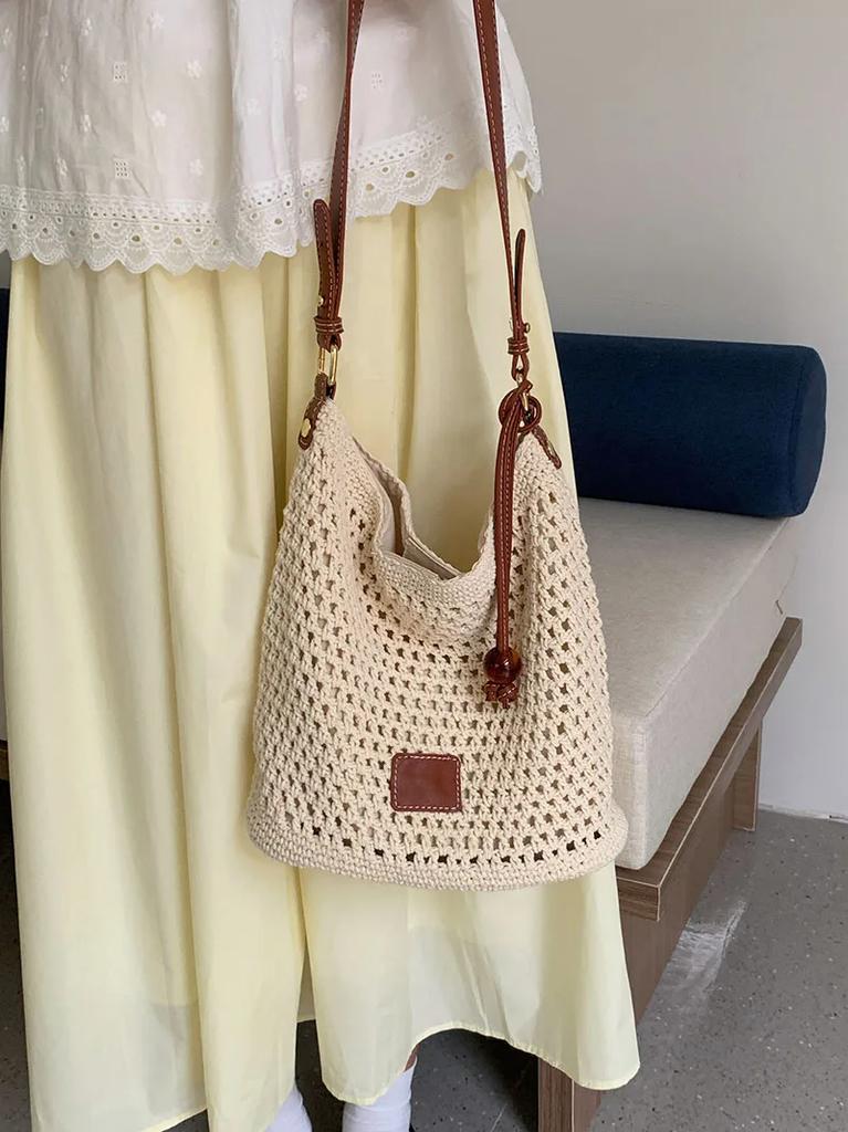 Knitted Hollow Out Women's Bucket Shoulder Bag Large Capacity Female Beach Crossbody Bags Seaside Travel Ladies Tote Handbags