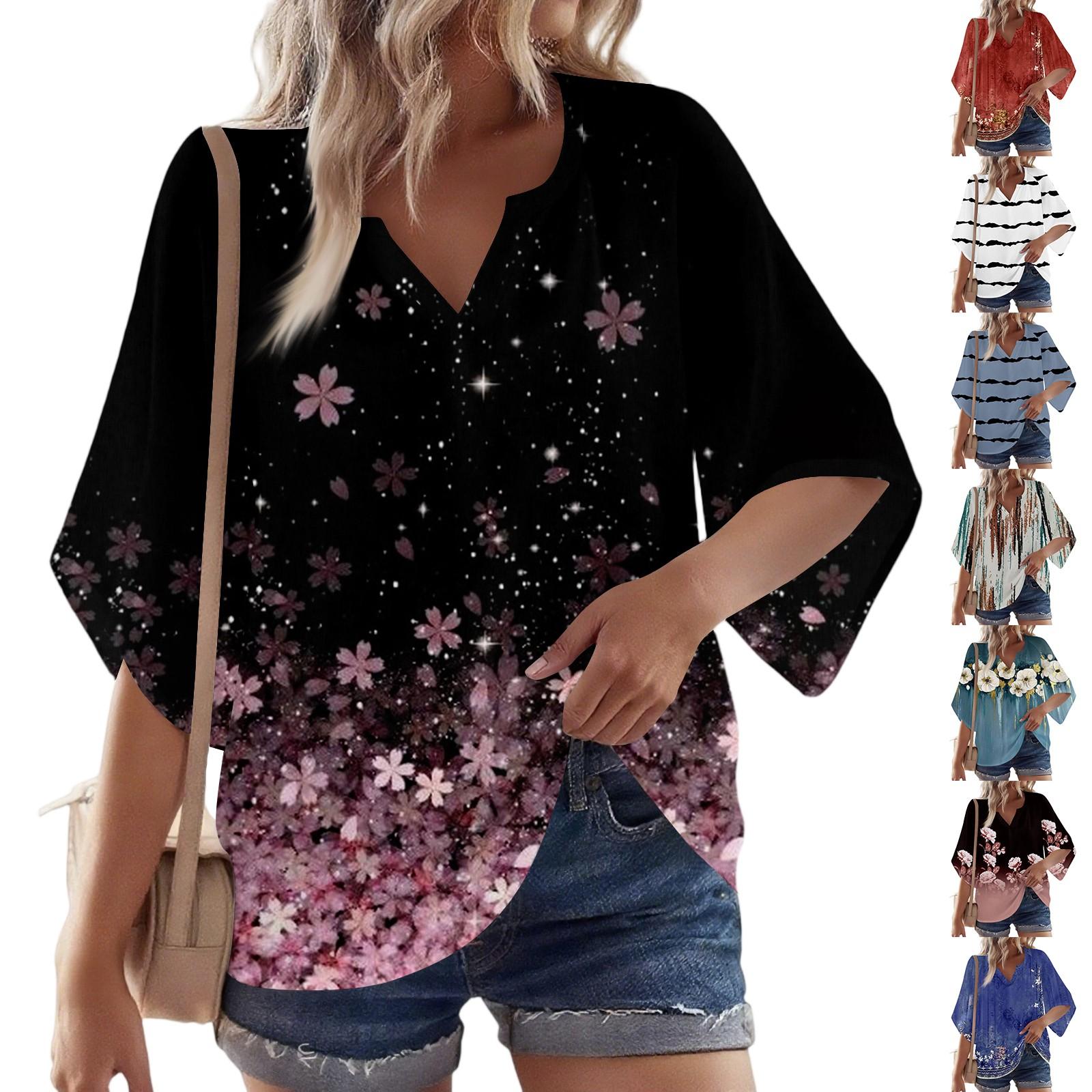 

Women s 3/4 Sleeve V Floral Shirt Casual Loose Tunic Top XL