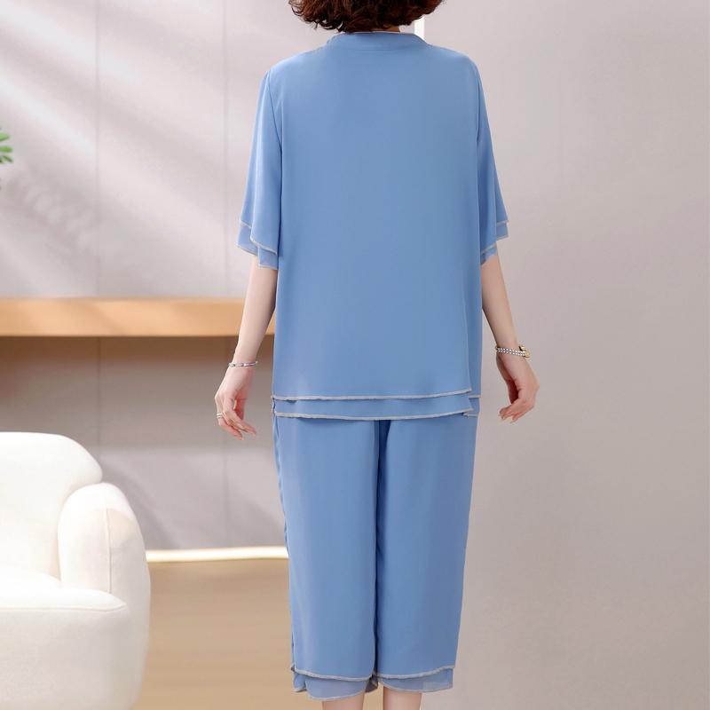 4XL-8XL Plus Size Chiffon Two Piece Sets Women Summer Elegant Summer Clothes for Woman Pants Sets Casual Oversize Blouses