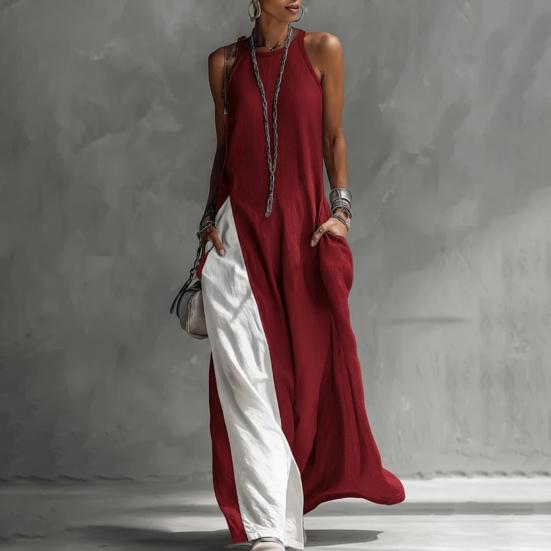 Damen Langes Fließendes Tanktop Seitenschlitz Rundhalsausschnitt Ärmellos Maxikleid Sommerlich Lässig Strand Sonnenkleid mit Taschen