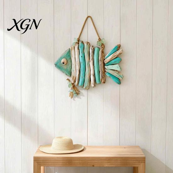 Housewarming Coastal Gifts Fish Handmade Wall Decor, Rustic Hanging Ornament with Sea Glass Nautical Ornaments Jute Rope, Bohemian Beach Style Art for