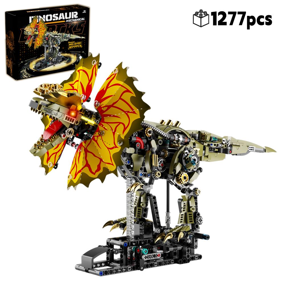 Non-Toxic 1277Pcs Mechanical Dinosaur Blocks Dual Crested Dilophosaurus Light Up Moving Model Jurassic Decor Creative Gift Set