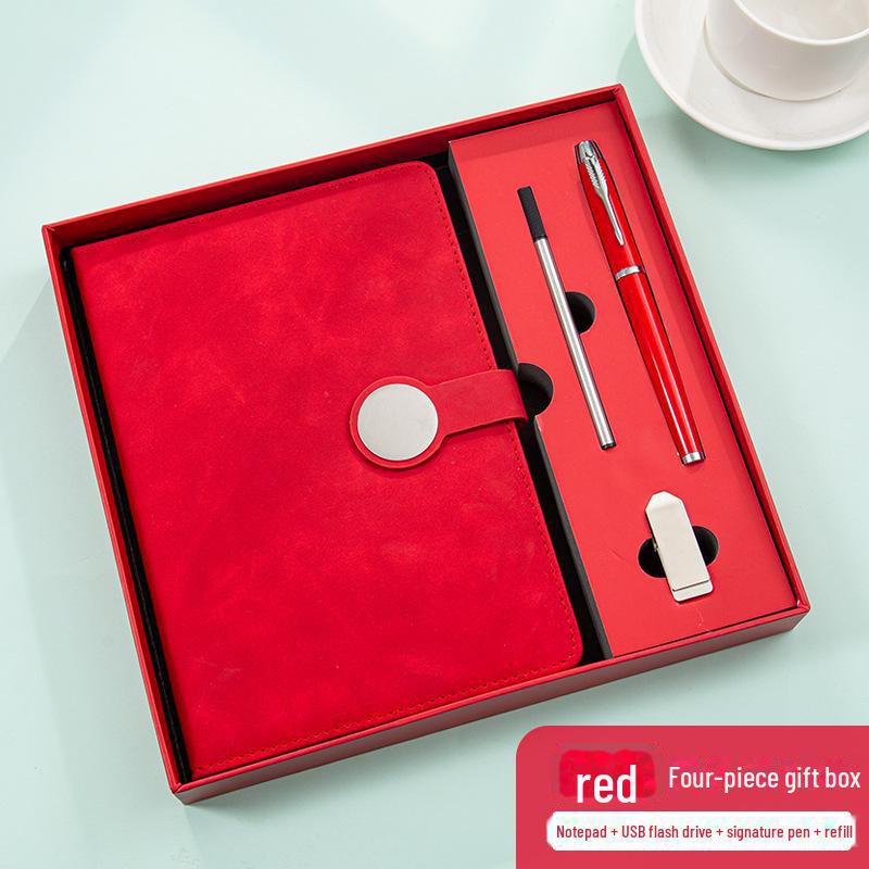 Set de regalo de cuaderno retro de alta gama: Incluye bloc de notas con hebilla redonda, manual, unidad USB y cierre magnético para reuniones de negocios.