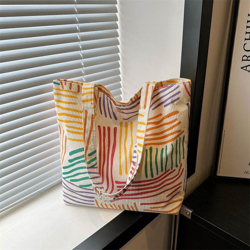 Fashionable Corduroy Canvas Tote Bag With Colorful Stripes And Large Capacity