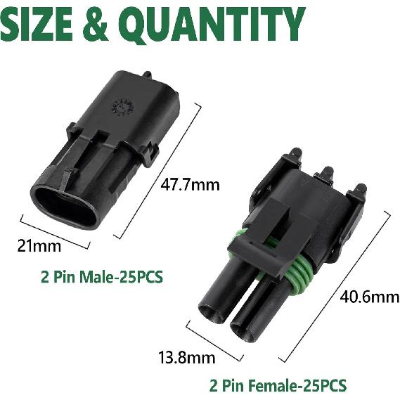 Kikerike 286Pcs 25 Kits Waterproof Automotive Electrical Connectors 2 Male&Female Pin 22-14AWG Wire Harness Spark Plug Connector Terminals Plug Kit