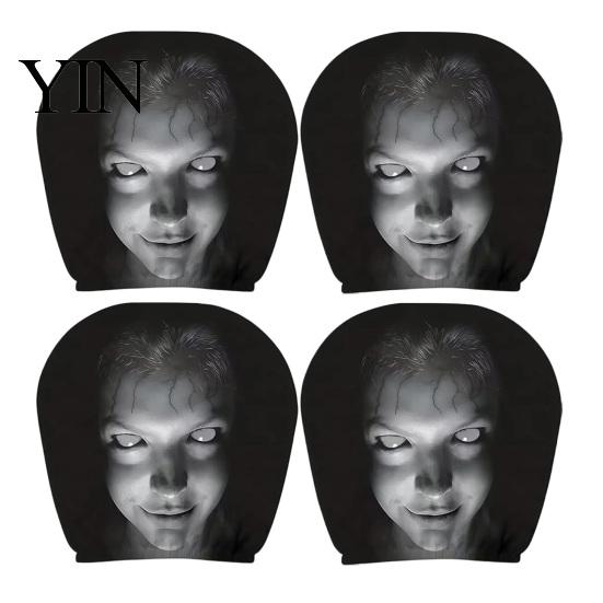 Breathable Elastic Headrest Sleeves 4 Pcs Halloween Car Covers, Creepy Ghost Face Seat Polyester Accessories Protector, Universal Auto Decor