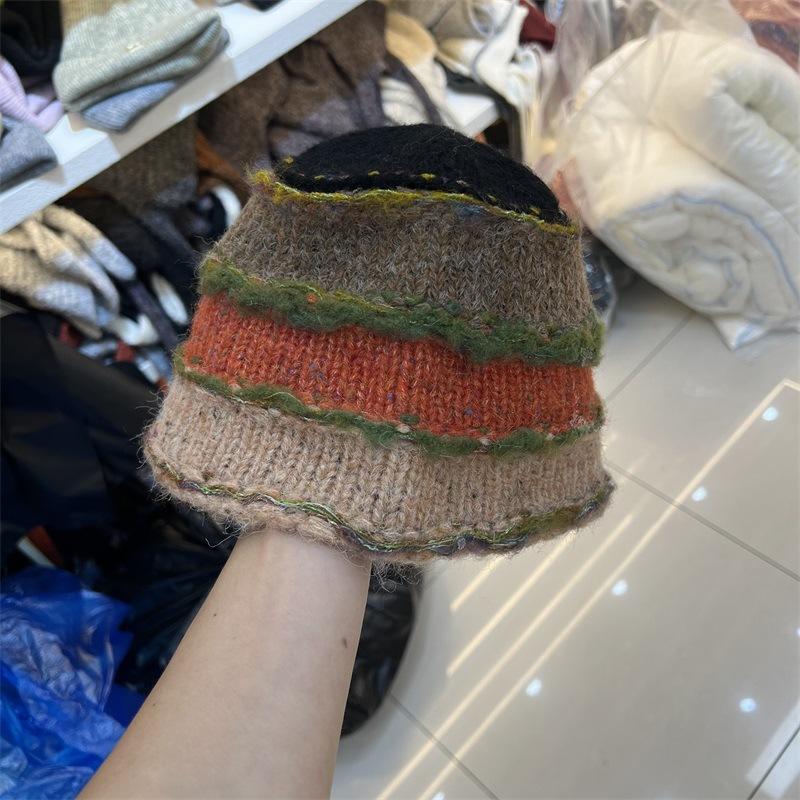 

Новая модная контрастная цветная панама из смесовой шерсти в горизонтальную полоску женская зимняя маленькая теплая шляпа-рыбак для лица M（56-58cm） хаки