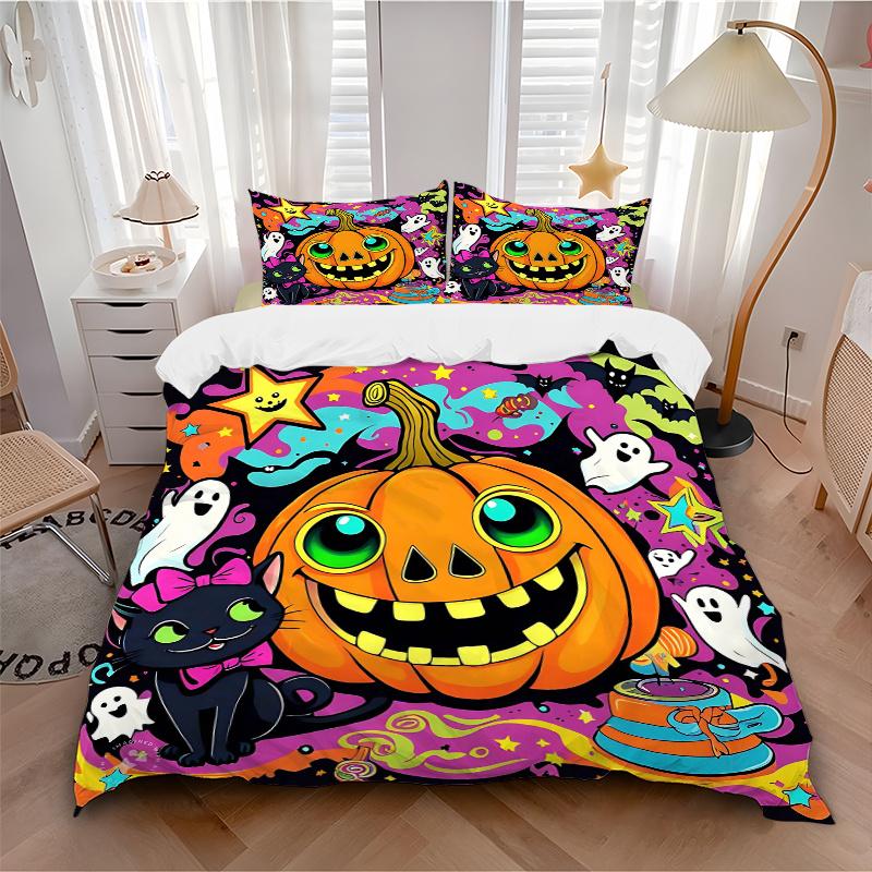 3pcs Happy Pumpkin Halloween Bedding Set - Includes 1 Quilt Cover and 2 Pillowcases, Comfortable Bedding with Stylish Design for Bedroom,N059