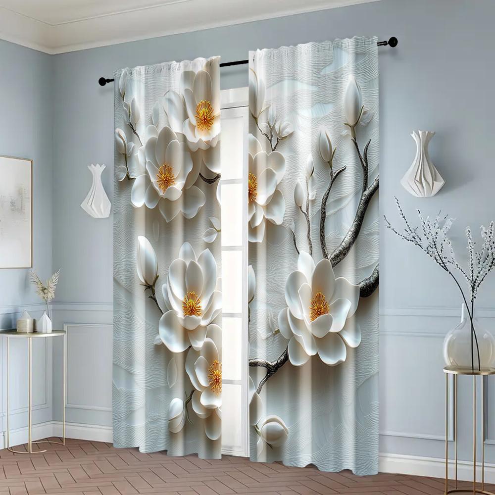 Set Of 2 Elegant Curtain Fabric Print White Flowers Polyester Easy Install Without Rod Versatile All Ldeal Living Room Perfect For Great