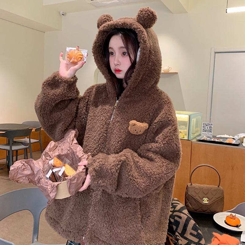 Women Gardigan Hoodies Girl Winter Loose Fluffy Bear Ear Hoodie Jacket Including Brooch