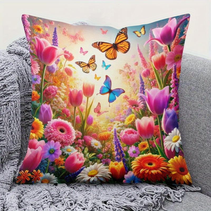 pc D Flat (Pillow Not Included) Colorful Flowers Butterflies Spring Garden Cushion Cover Short Plush Floral Sofa Pillow Case