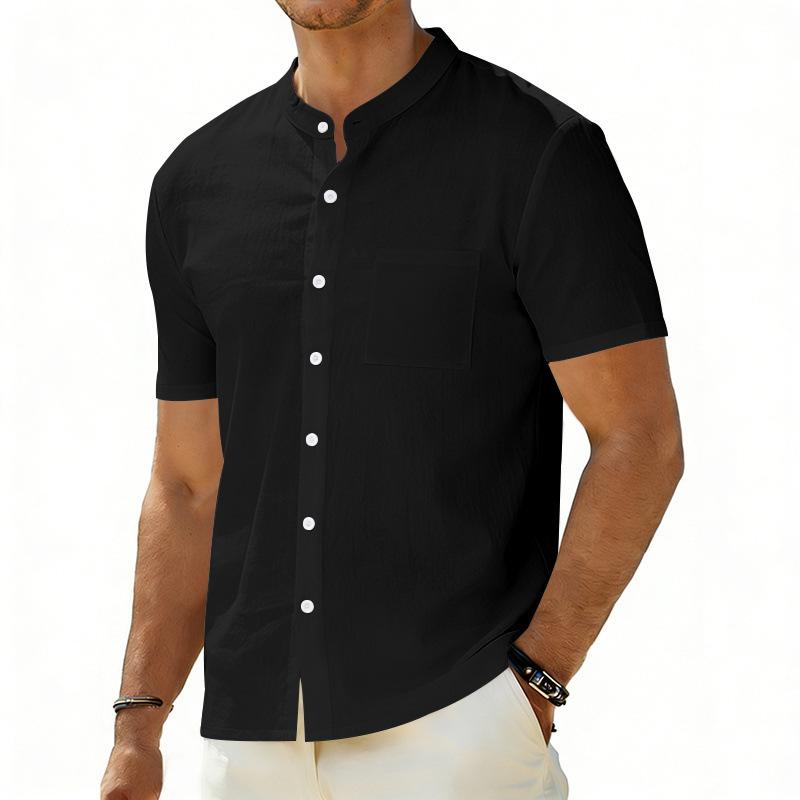Men Khaki Linen Mandarin Collar Shirt Single Chest Pocket Full Button Short Sleeve Beach Casual Blouse S чёрный