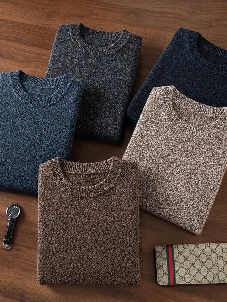 Men's Thickened Cashmere Sweater, 7-Gauge Knit, Round Neck, Plain, Autumn-Winter Base Layer.