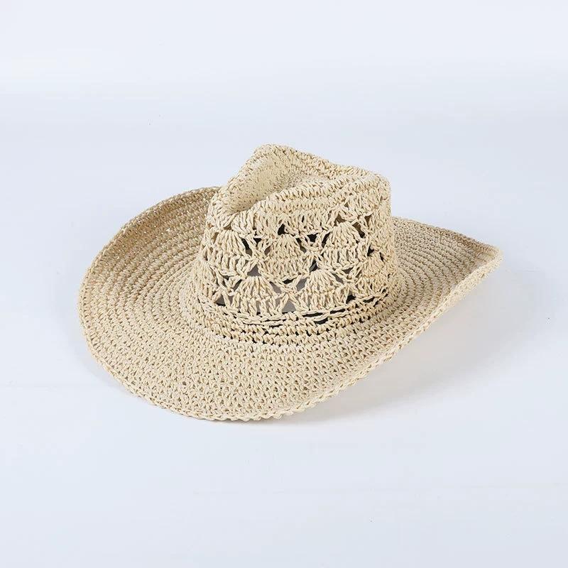 

Hollow Big Brim Jazz Hat British Retro Cowboy Straw Hat Summer Vacation Beach Hats 56-58cm