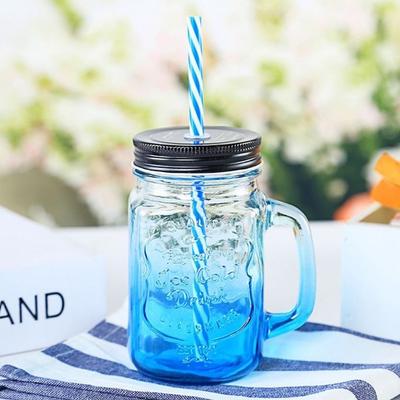 500 ml Farbverlaufsglasbecher, Einmachbecher mit Kaltgetränkegriff, transparenter Glaswasserbecher mit Strohhalm und Deckel, Milchkaffee-Trinkgeschirr