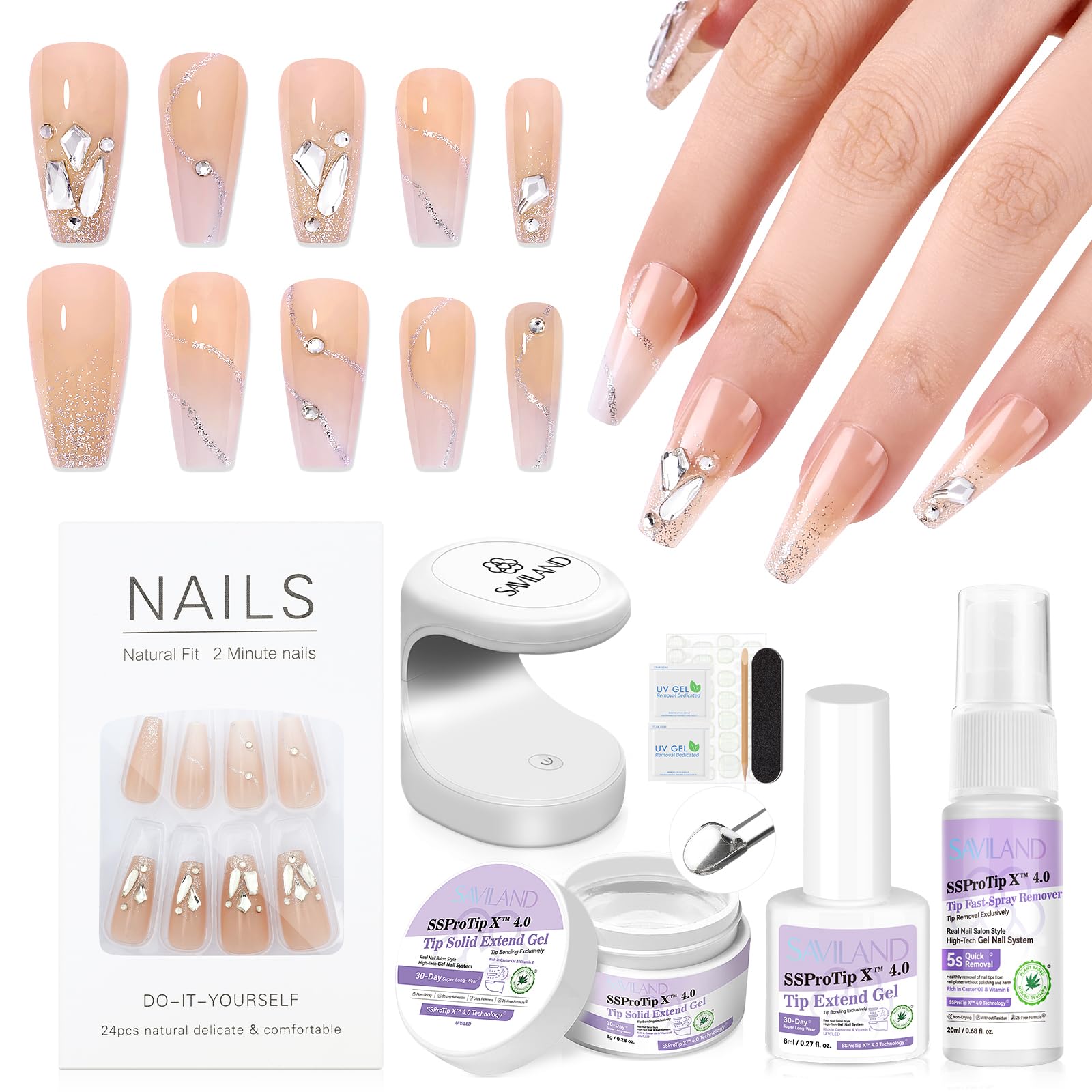 

Saviland Nails Medium Fit Natural Soft Gel French Tip Nails Blinky Glitter Acrylic Nail Tips Gel Nail Kit Gel Glue Soft Tips Fake Tips False Nails UV