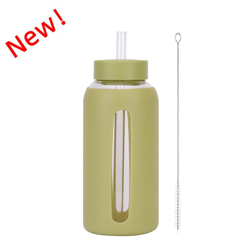 Szklany Silikonowy Pokrowiec Skala Czasowa Kubek na Wodę ze Słomką 800 ml Duża Pojemność Przenośny Kubek Outdoorowy