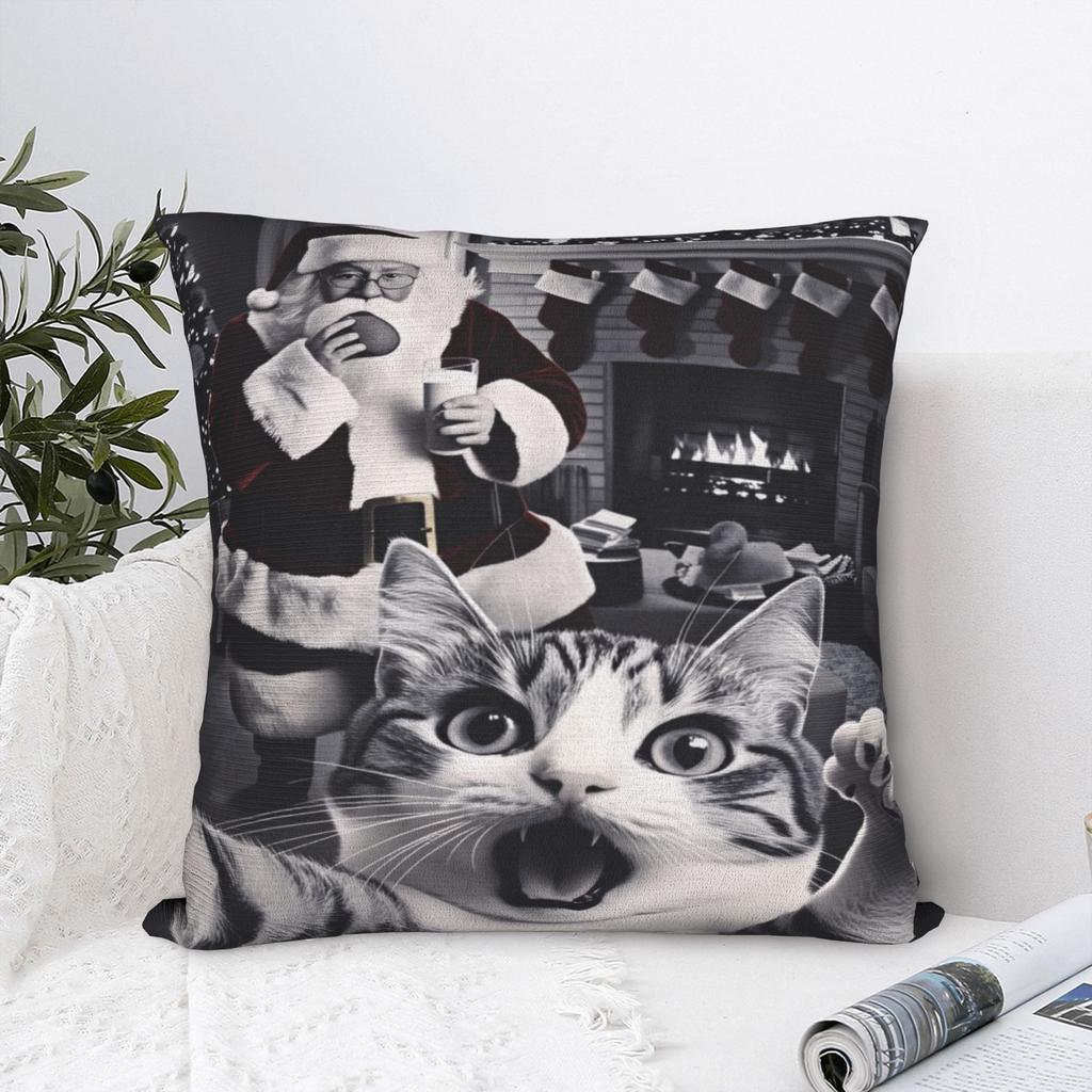 Cat Selfie with Santa Xmas Pillow Case Soft Pillow Cover Kawaii Pillowcases For Living Room Chair