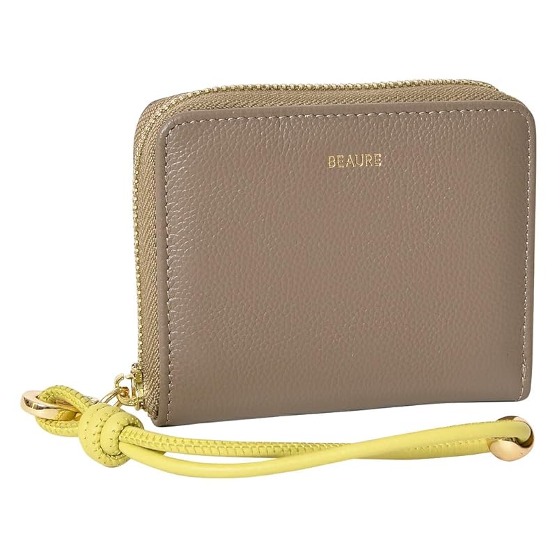 

[BEAURE] [Vuret] B-24096 genuine leather short wallet round zipper mini wallet bi-fold with hand strap ladies G.Beige