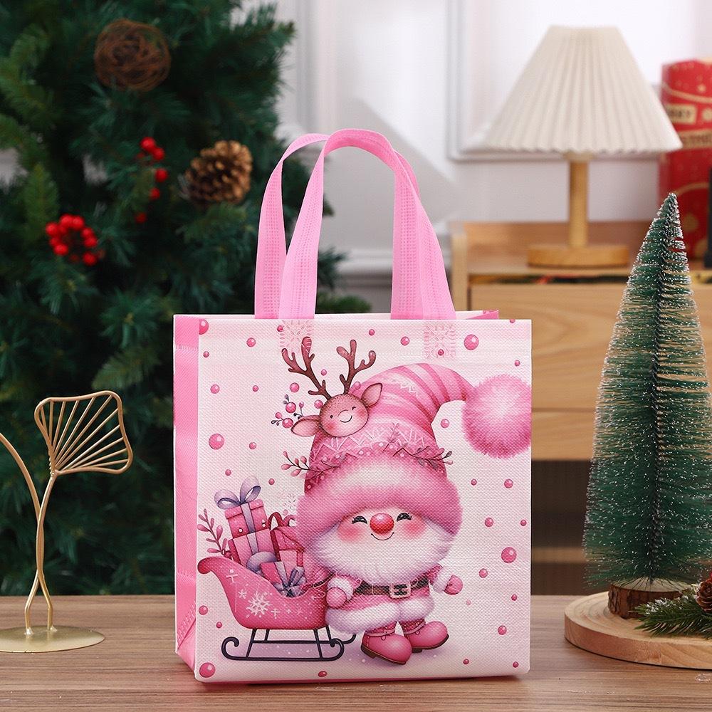 StoBag Pink Christmas Gift Bags Cute Santa Sleigh Design Non-Woven Holiday Tote Bags for Girls’ Winter Parties and Candy