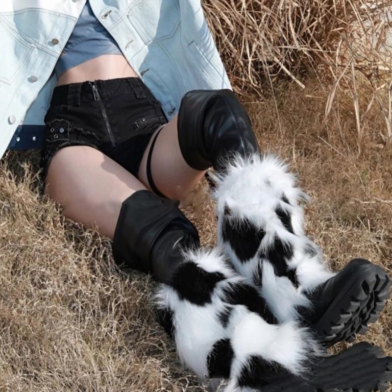 Women Harajuku Furry Leg Warmer Fall Winter Gothic Colorblock Dots Faux Fur Plush Boot Cover Cuffs Cosplay Fuzzy Socks