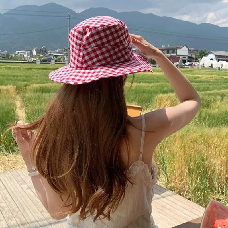 Vintage Plaids Bucket Hats Women Versatile Sweet Lace-up Fisherman's Hat Summer Big Brim Sun Protection UV Protection Sun Hat