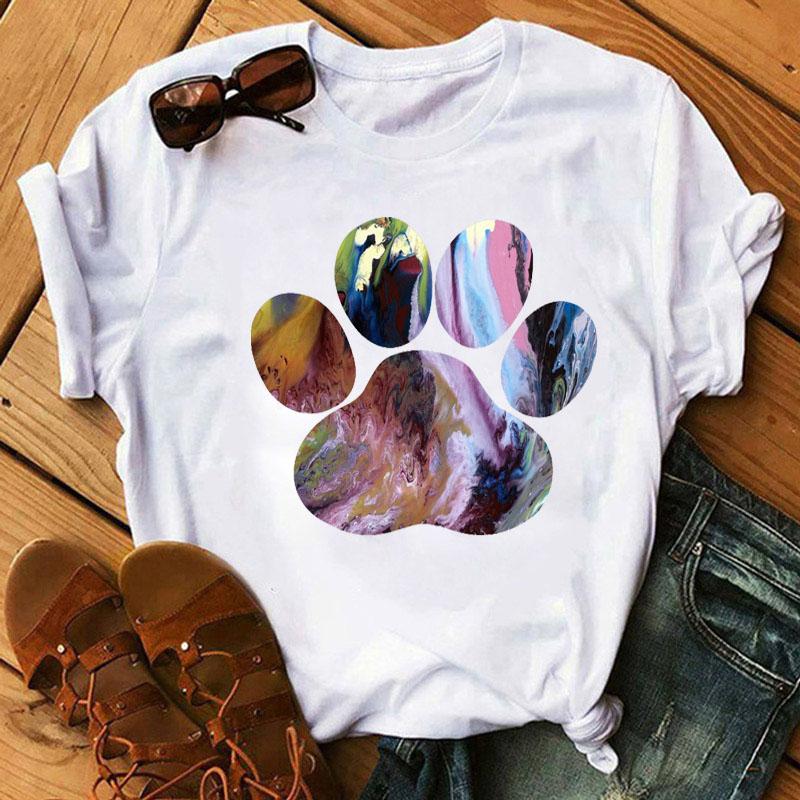 Fashion Women T-Shirt Cartoon Tee Shirts Watercolor Heart Dog Paw T Shirt Harajuku Tops Tee Short Sleeve Cute Female Tshirts Tee