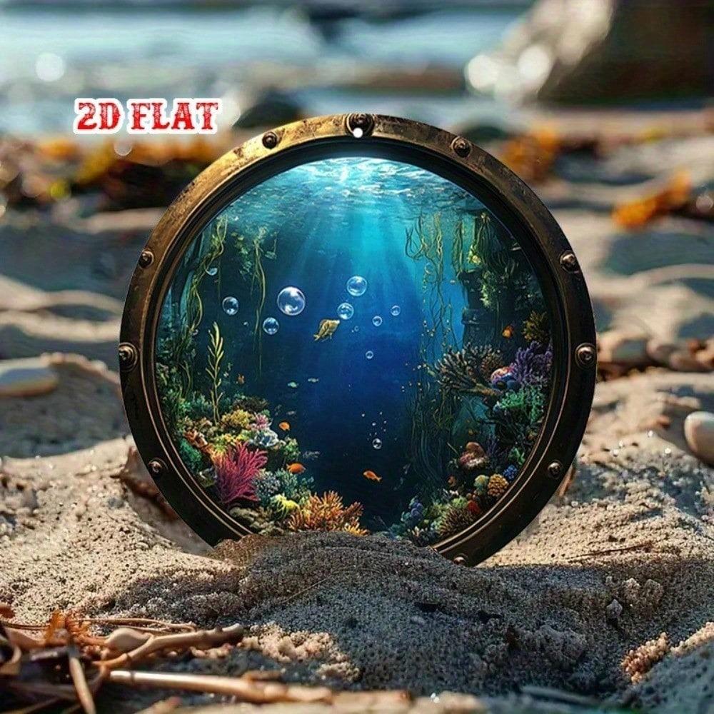 Vintage Nautical Metal Wall Art Round Porthole Sign Underwater Fish Coral Decor
