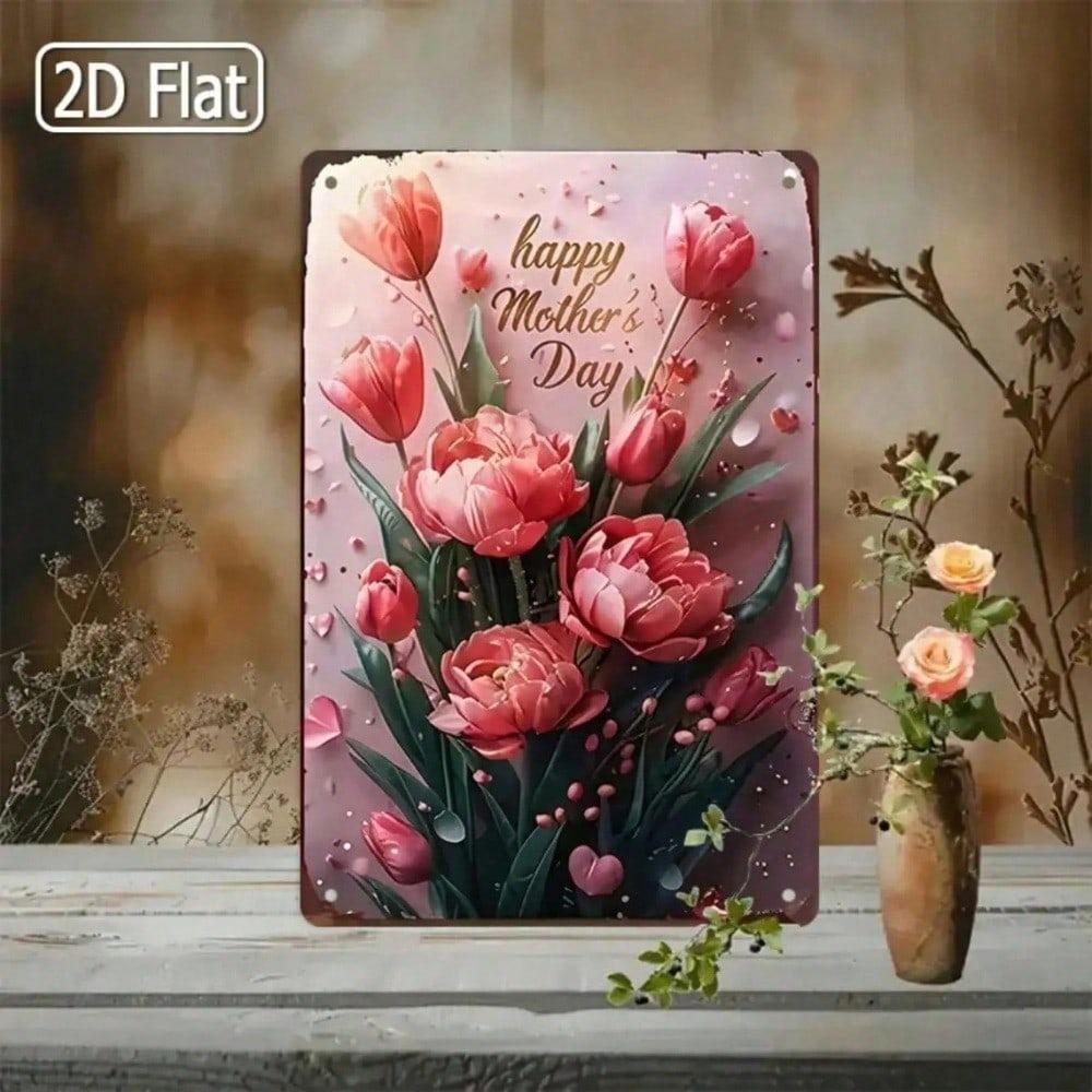 Pink Tulip Floral Tin Sign Rustic Farmhouse Wall Decor Mother's Day Gift 8x12in
