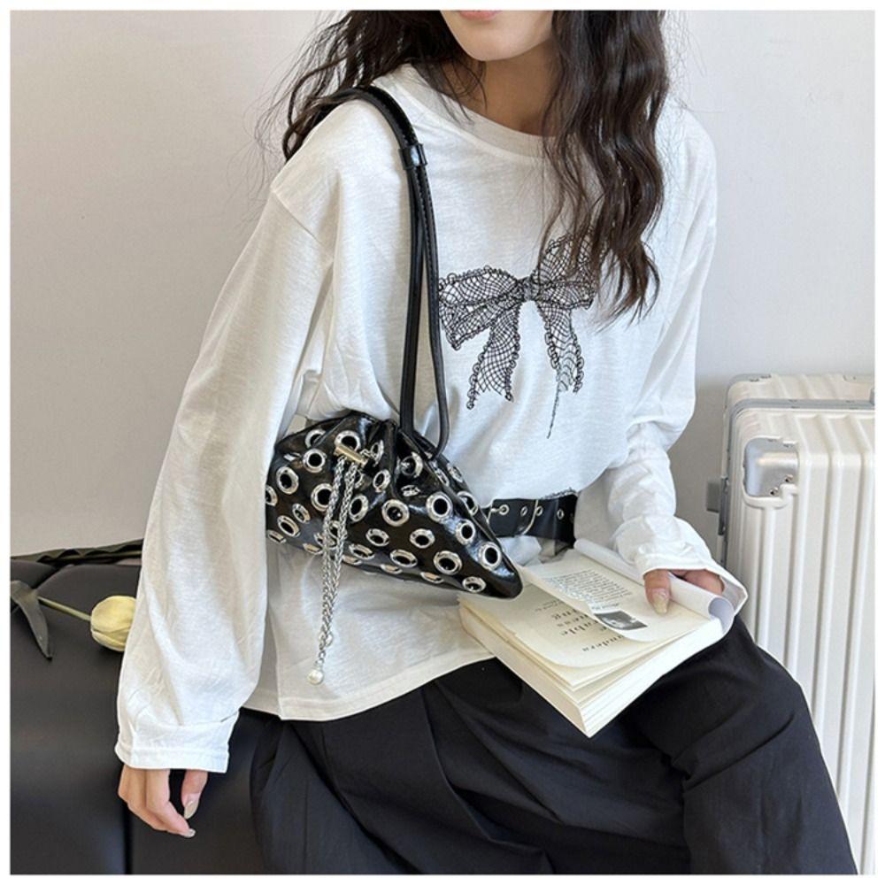 Metal Stud Rivet Shoulder Bag Spicy Girl Drawstring Crossbody Bag Simple Y2k Underarm Bag  Girl