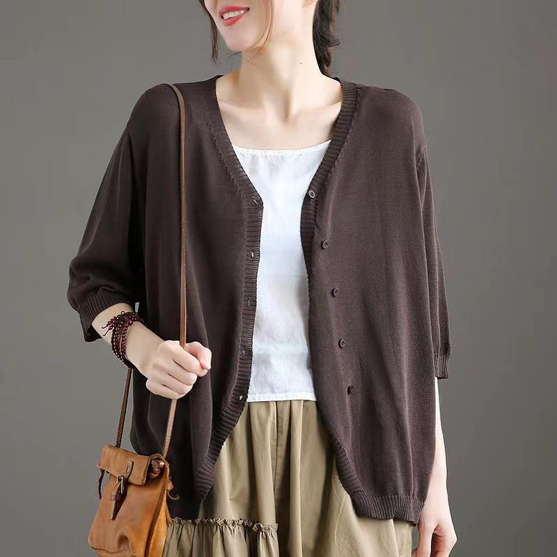 

Кардиган вязаный из ледяного шелка с рукавом средней длины, защита от солнца, женский, большого размера, свободный, универсальный, корейский, стройнящий, пальто для кондиционирования воздуха 2XL темно-коричневого