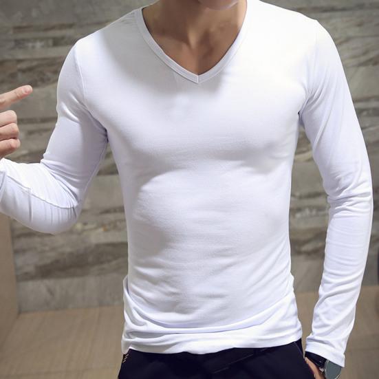 Men Shirt Solid Color Pullover Casual V Neck Long Sleeve Slim Autumn Base Shirt for Daily Wear