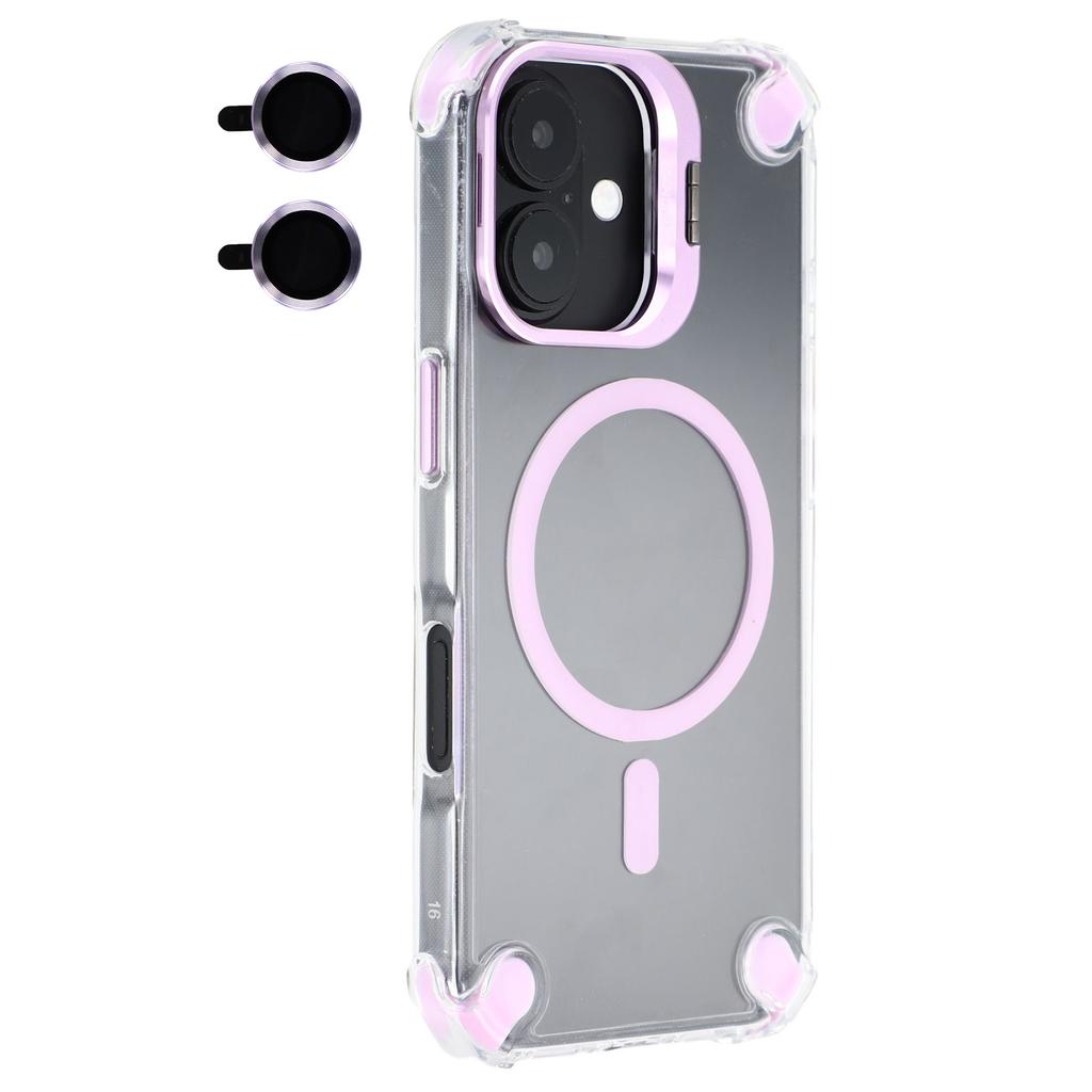 For iPhone 16 Magnetic Clear Case Shockproof Hybrid Phone Shell with Camera Lens Frame Kickstand